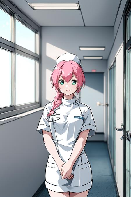 (RAW photo, best quality), 1girl,  natural lighting, indoor, hospital, operating room,  <lora:innai_kansen_yoneda_shiori_v2_2-000004:1>, yoneda shiori, nurse, nurse cap, smile,