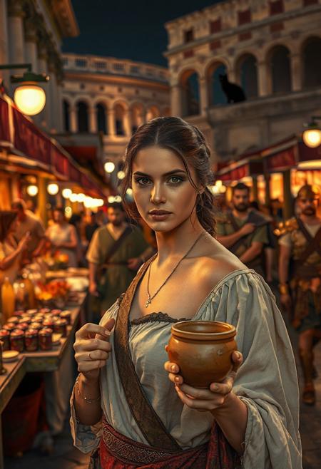 Setting is a 1st century Roman Empire market in Rome at night, the market is comprised of street vendors selling, food, weapons, and clothing. Everyone and everything in the image is appropriate for a scene from Ancient Rome, People wearing Roman clothing are walking through the street market shopping and eating, in the foreground is a merchant selling beverages and food at a market kiosk, (((a beautiful woman, 24 years old is standing in the foreground, the woman  facing the viewer with a clay goblet of wine in her hand. Her eyes are beautiful and focused on the viewer, she has an expression of interested curiosity))), Roman Soldiers are walking behind the beautiful woman, one of the solders turns to look at the beautiful woman, many people are walking by in the busy street market, the woman is dressed in high fashion Roman Empire clothing with an alluringly sexual, but traditional roman aesthetic. The woman's hair is elegantly tied up with a ribbon. Artistic ancient Roman aesthetic, dynamic perspective, (((overall architectural aesthetic is Ancient Rome in 1st Century Roman Empire era))).  Epic image that elicits a feeling of wonder and awe, Rome Coliseum Roman Forum architecture in background, a sleek black cat is visible sitting on a kiosk roof in the background,