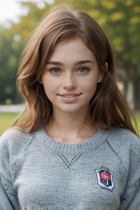 ChloeMelton, college campus, outdoors, ((university sweater, campus quad, carrying books:1.2)), ((long loose hair, head tilt, smile)), ((masterpiece, best quality, extremely detailed, perfect body, perfect face:1.2)), (slim, fit:1.5), (closeup on head and shoulders:1.2)