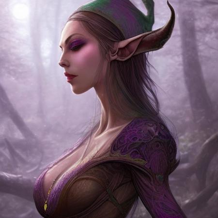 evang, sexy elf woman human hybrid, light bokeh, detailed face, intricate fantasy concept art, sharp focus, vibrant colors, masterpiece, high quality, decrepit misty forest, lantern lit rubble path, Ancient dystopia, extremely detailed, Artstation, by Greg Rutkowski, by Yoshitaka Amano