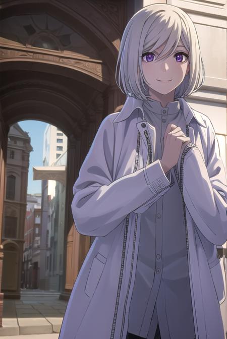 cutthroat, bangs, hair between eyes, (purple eyes:1.3), white hair, male focus, medium hair, shirt, jacket, white shirt, open clothes, white jacket,