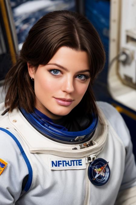 portrait photo, natural woman,high quality photo, perfect details and textures, highly detailed front view, perfect lighting, perfect composition, perfect lighting, <lora:more_details:0.6> <lora:xxadritor-07:1> xxadritor with an astronaut suit in the space station