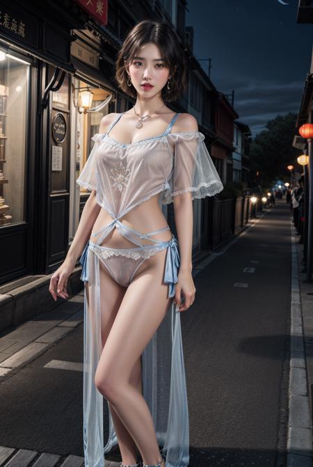 masterpiece,best quality,(Night:1.7),CityView,(outdoors:1.3),city lights,skyscraper,street,close up,
1girl,jewelry,earrings,necklace,standing,pose,beautiful face,full body,(short hair:1.5),
<lora:more_details:0.6>,
<lora:Dunhuang apsaras dudou_V2:0.65> dress,underwear,see-through,chinese clothes,panties,