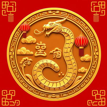 Generate a medal with the theme of “Snake Year Spring Festival,” and the design should meet the following criteria:
Theme-appropriate design: The central focus of the medal should feature a beautifully and smoothly designed snake representing the Snake zodiac year. It can incorporate traditional Chinese cultural elements, such as clouds, lanterns, couplets, firecrackers, etc., to reflect the festive atmosphere of the Spring Festival.
Reflect the UI style of the site "hdkyl": Please refer to the UI design style of the site "hdkyl," using a color scheme primarily of red, gold, and yellow. The design should combine simplicity with elegance, presenting a modern yet festive feel that blends technology with traditional holiday elements.
No real people, real-world scenes, or AI-generated people: The design should not include any real human figures or real-world scenes. Focus on showcasing the elements of the Spring Festival and the symbolism of the Snake zodiac year, avoiding real-life people or scenes.
No inappropriate elements: Avoid any disturbing elements such as blood, horror, pornography, or distorted, unnecessary limbs, and meaningless text.