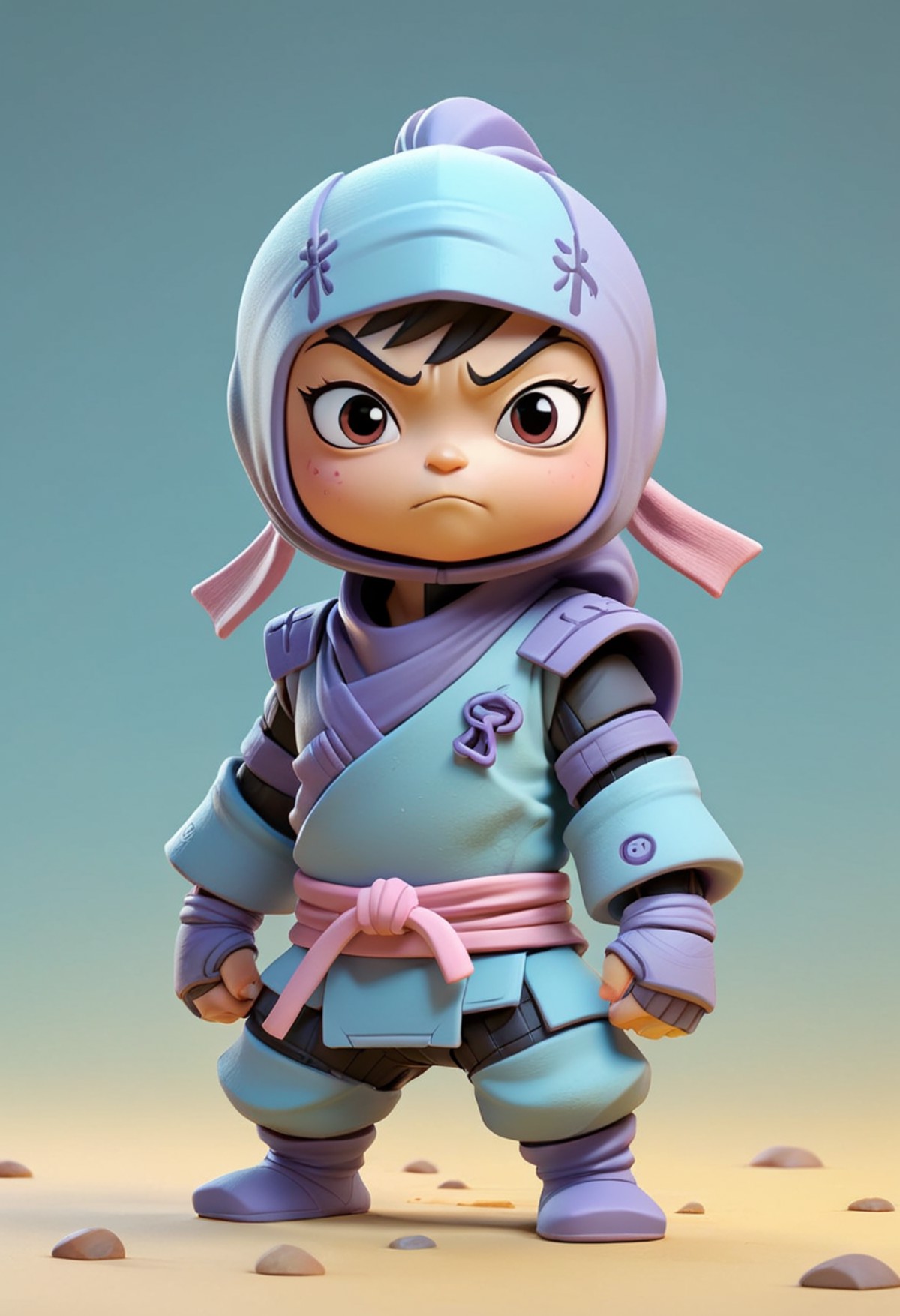 Tiny cute ninja toy, standing character, soft smooth lighting, soft pastel colors, skottie young, 3d blender render, polyc...