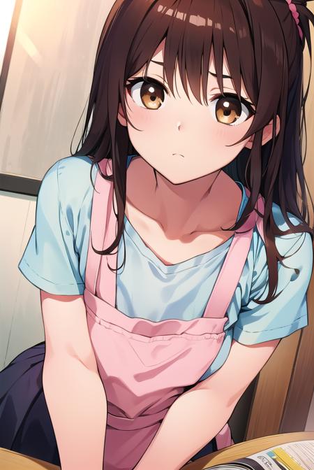 mikanyuuki, <lyco:mikanyuuki-LYCORIStest:1>,
mikan yuuki, (brown eyes:1.5), brown hair, hair ornament, hair scrunchie, long hair, pink scrunchie, scrunchie, (flat chest:1.2),
BREAK apron, blouse, collarbone, layered skirt, pink shirt, shirt, short sleeves, skirt, yellow apron,
BREAK looking at viewer,
BREAK indoors, kitchen,
BREAK <lora:GoodHands-vanilla:1>, (masterpiece:1.2), best quality, high resolution, unity 8k wallpaper, (illustration:0.8), (beautiful detailed eyes:1.6), extremely detailed face, perfect lighting, extremely detailed CG, (perfect hands, perfect anatomy),