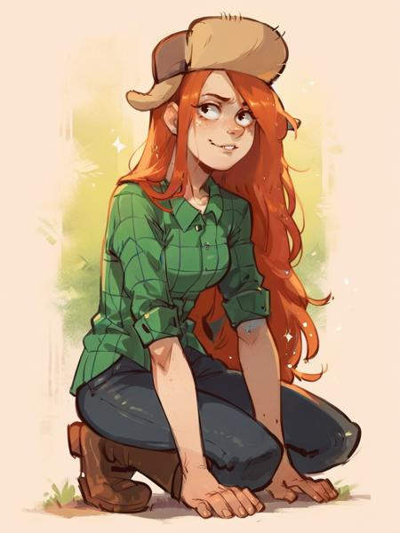 wendyc, 1girl, solo, long hair, orange hair, hat, shirt, pants, freckles, boots