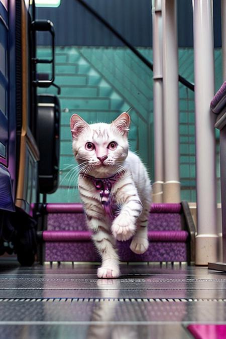 Capture a full hyper-realistic photograph of an adorable  white kitten running in aSubway station corridor,jpsta,train_station,on stairs,interior,indoors,UGPW, (pure magenta background,transparent background:1.2), cutest kitten in civitai, side view, chubby kitten, short legs, close up, c4d, blender, raytracing, unreal engine 5, render 3d,