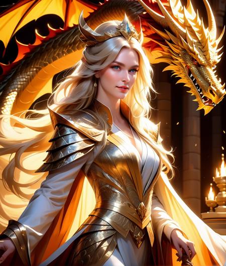 A close-up portrait photo of a beautiful majestic queen wearing a majestic robe, (massive dragon:1. 2) a large dragon beside her, main castle throne chamber, detailed clothing, long blonde flowing hair, shiny skin, subsurface scattering, (sharp:0. 7), ultra-detailed, dramatic lighting, unreal engine