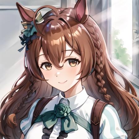 <lora:mejiro_bright-000001:1>, Umamusume, Horse_ears, Horse_tail, brown_eyes, brown_hair, Long_hair, Light_smile, Ear_bow, Frilled