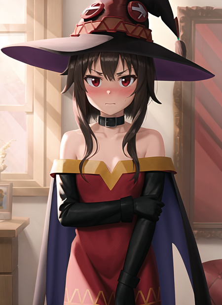 spiderverse style, megumin, 1girl, bare shoulders, black hair, black cape, black gloves, blush, cape, choker, collarbone, dress, hair between eyes, hat, long sleeves, looking at viewer, medium hair, off-shoulder dress, off shoulder, red dress, red eyes, sidelocks, solo, witch hat, indoors, ((masterpiece)),
<lora:spiderverse_style_offset:1>