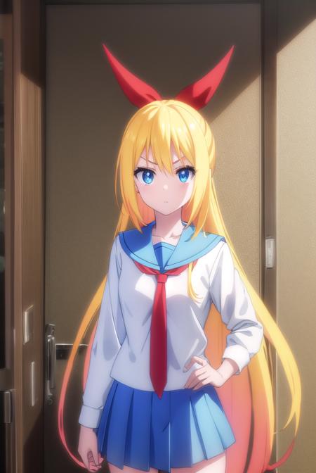 chitogekirisaki, <lora:chitoge kirisaki s2-lora-nochekaiser:1>,
chitoge kirisaki, long hair, blue eyes, blonde hair, ribbon, hair between eyes, very long hair, hair ribbon, multicolored hair, red ribbon, gradient hair, angry, frown,
BREAK skirt, shirt, thighhighs, school uniform, collarbone, white shirt, pleated skirt, necktie, serafuku, sailor collar, red ribbon, blue skirt, blue sailor collar,
BREAK indoors, classroom,
BREAK looking at viewer, (cowboy shot:1.5),
BREAK <lyco:GoodHands-beta2:1>, (masterpiece:1.2), best quality, high resolution, unity 8k wallpaper, (illustration:0.8), (beautiful detailed eyes:1.6), extremely detailed face, perfect lighting, extremely detailed CG, (perfect hands, perfect anatomy),