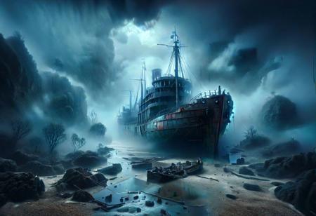 An ais-abandz ship on a foggy shoreline with remnants of its journey scattered around <lora:Abandoned_SDXL:1>, <lora:Sinister_Style_SDXL:1>, ais-sinisterz,4k, uhd,masterpiece