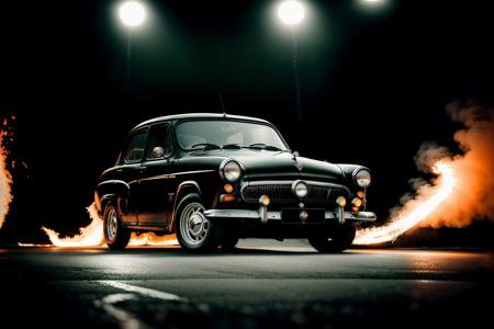 black GAZ21 ((with tongues of flame print)), NEED FOR SPEED, NFS ,((STANCE)), (night), sandstorm, photorealistic, shot by Sony a7iii <lora:GAZ21:.8>