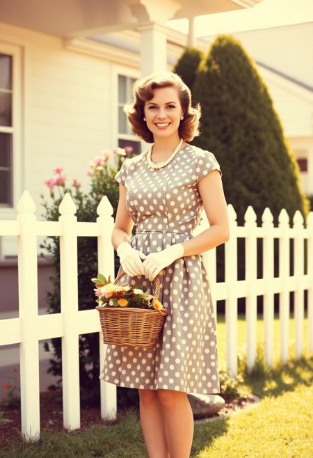 A 1950s-style candid photograph of a woman standing outside a suburban house with a white picket fence. She wears a knee-length polka-dot dress with a fitted waist, paired with a pearl necklace and matching gloves. Her hair is styled in soft curls, and she is smiling as she holds a wicker basket filled with flowers. The lighting is warm and natural, and the photograph has a slightly grainy texture, evoking the nostalgic charm of the era