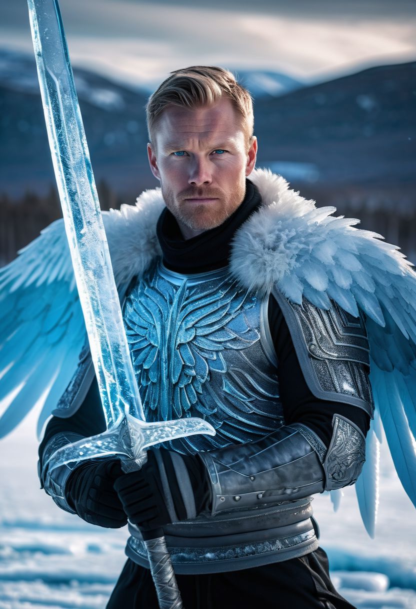 photo of 35 y.o handsome Scandinavian man, short hair, upper body, mask of translucent ice covering half of his face, detailed face, icy blue eyes, wings of ice, holding large ice sword, dynamic pose, clothes of ice, looking at viewer, ice armor, aurora borealis, high quality, sharp focus, cinematic shot, dramatic lighting