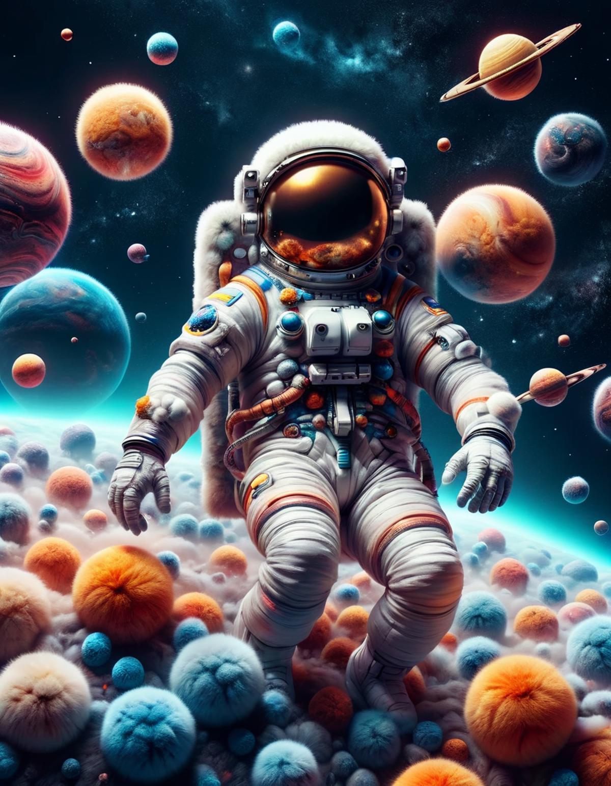 Astronaut in a white suit on a planet surrounded by other planets and celestial objects.