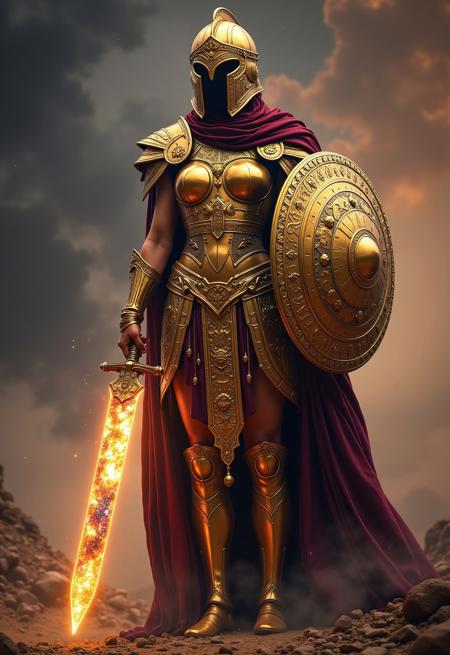aidmaimageupgrader, a high quality digital image of a elite Hoplite wearing bright highly polished gold armour with a helmet covering her face, she is holding a short sword, the short sword blade is made of an intricately detailed galaxy, within the galaxy we see a variety of stars, nebulae and galactic dust detailed in bright and vivid colours, she is standing on an ancient battlefield