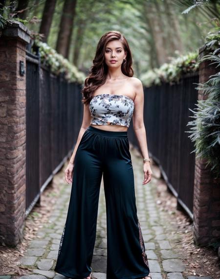 cinematic photo realistic,  Dutch angle, intricate details, a  27 years old woman wearing Strapless Top, formal wear and (Palazzo pants: Extremely wide-legged trousers with a loose, flowing design.),  <lora:quiron_TeraPatrick_v1_Lora:1> TeraPatrickQuir woman, . 35mm photograph, film, bokeh, professional, 4k, highly detailed