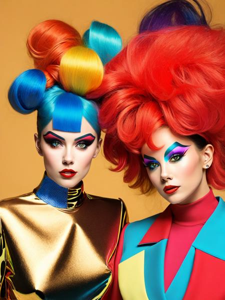 <lora:Avant-gardeFashion:1>two women dressed in colorful clothing with large hair and make - up in the shape of clowns Avant-garde Fashion