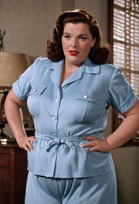 1940s vintage retro, Lois Lane DCU, voluptous buxom, beefy large big enormous fat obese plump pawg, short-sleeved light-blue pajamas, perfect photo, highly detailed, best quality, fine details, coherent face, full body, technicolor film still screencap, kodachrome photograph