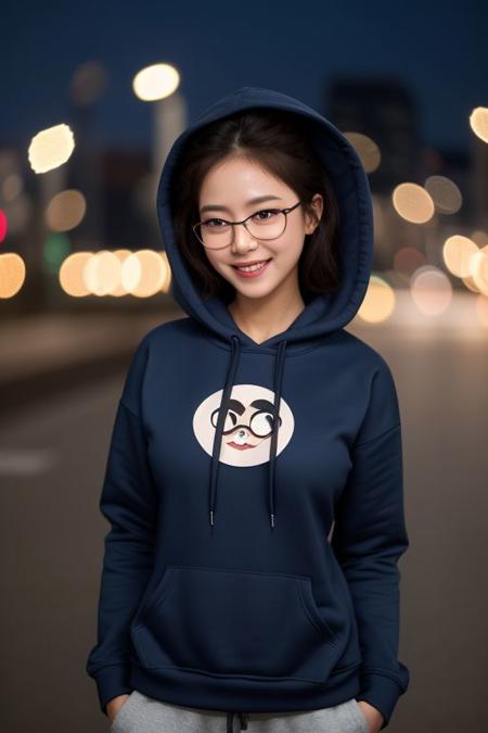 (8k, RAW photo, best quality, masterpiece:1.2), (realistic, photo-realistic:1.37), best quality, ultra high res, photon mapping, radiosity, physically-based rendering, 1girl, ((glasses)), ((hoodie)), ((sweatpants)), naughty face, cute, (laughing), (happy), (Kpop idol), (aegyo sal:1), ((puffy eyes)), looking at viewer, posing, (full body), large breasts, busty, large butt, cityscape, night, (bokeh:1.4), <lora:koreanDollLikeness_v10:0.5>, ((wink)), ((hair blown by air)),