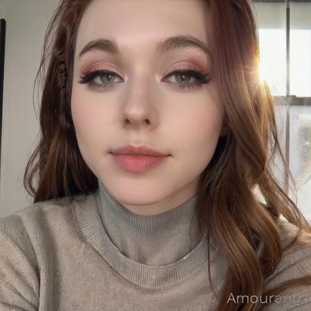 <lora:amouranth_sd15_768_512_256_v2-000012:1>amouranth,1girl,solo,looking at viewer, (wearing a turtleneck sweater), portrait picture, (face closeup), high detail, 4k, hdr, good lighting, light casting shadow on skin, perfect picture, professional photography