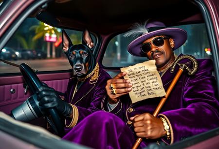 A fierce black Doberman with cropped ears, eyes sharp and intimidating, commands the driver’s seat of a tiny, vintage Fiat 500, gripping the steering wheel with the same deadly focus. Next to him, Snoop Dogg, in full pimp regalia, lounges with his effortless swagger, barely fitting in the cramped passenger seat. He’s decked out in a deep purple velvet suit with gold trim, a wide-brimmed hat with a feather, and dripping gold chains and rings, his cane propped awkwardly against the dashboard. In one hand, he holds a crumpled, slightly torn letter, its edges singed and stained. The letter reads in bold, messy handwriting:
"YO, ONLY BUZZ CAN MAKE THIS TINY RIDE FLY.  
TIME’S RUNNING OUT—GET YOUR HEAD STRAIGHT OR LOSE IT.  
-THE BOSS."
The Fiat’s interior is worn but stylish, with cracked leather seats and vintage details. Outside, a neon-lit Miami backdrop of palm trees and shadowy streets makes the little car look even more out of place, adding to the gritty, eccentric vibe. The scene is hyperrealistic, combining the cool, larger-than-life presence of Snoop with the quirky charm of the Fiat, in a highly detailed and textured setting full of rebellious energy.