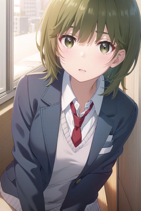 isanahigashira, <lora:isana higashira s1-lora-nochekaiser:1>,
isana higashira, short hair, bangs, (green eyes:1.3), green hair,
BREAK shirt, long sleeves, school uniform, jacket, white shirt, open clothes, necktie, sweater, open jacket, blazer, red necktie, grey sweater,
BREAK indoors, classroom,
BREAK looking at viewer, (cowboy shot:1.5),
BREAK <lyco:GoodHands-beta2:1>, (masterpiece:1.2), best quality, high resolution, unity 8k wallpaper, (illustration:0.8), (beautiful detailed eyes:1.6), extremely detailed face, perfect lighting, extremely detailed CG, (perfect hands, perfect anatomy),