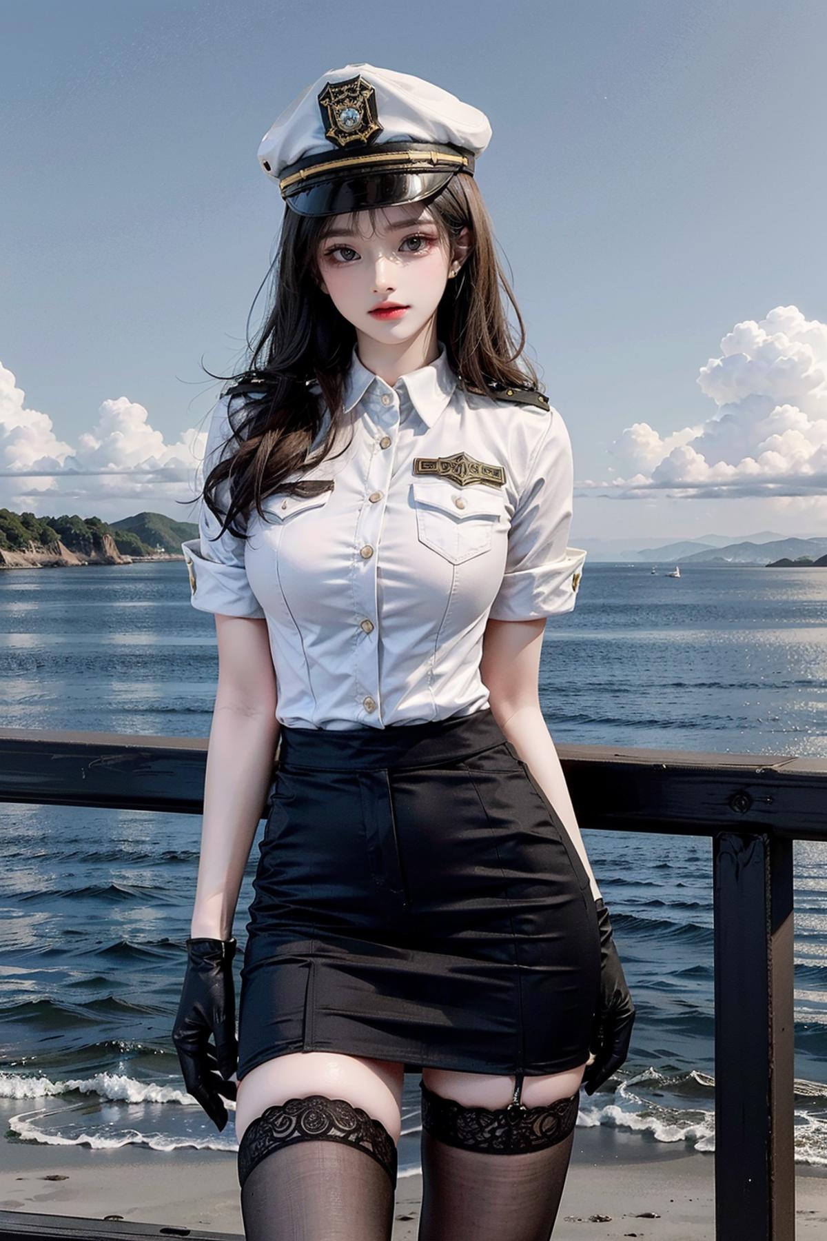 A woman wearing a white shirt and black skirt posing on a pier.