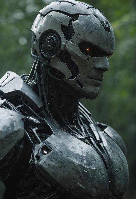 A war cinematic scene, portrait half body, Crysis game version, deus ex, DOF,F1.5, melancholic, haunting beauty. cyber man, half robot, realism.