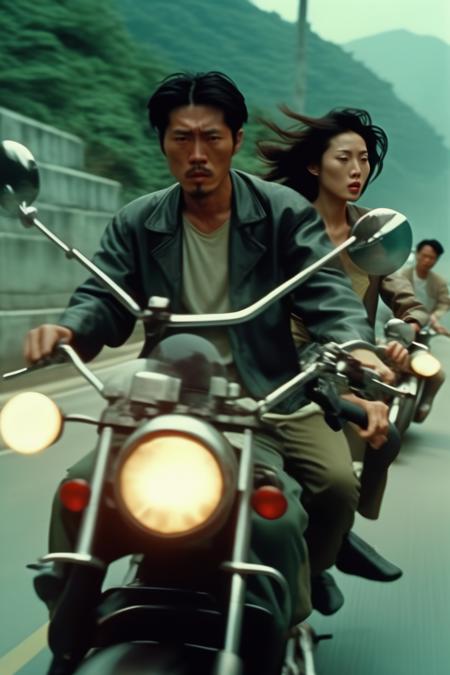 <lora:Director Bong Joon-ho style:1>Director Bong Joon-ho style - full shot, in the style of high speed film, Asian Couples ride motorcycles on the roadway, in Hong Kong old time, 90s, Hong Kong gangster movie, Young and photography film style in in the style of high speed film, movement and spontaneity captured, movement and spontaneity captured, muted colours, eclectic curatorial style, in the style of surrealist dreamlike scenes, i can't believe how beautiful this is, street scenes with vibrant colors, cinestill 50d