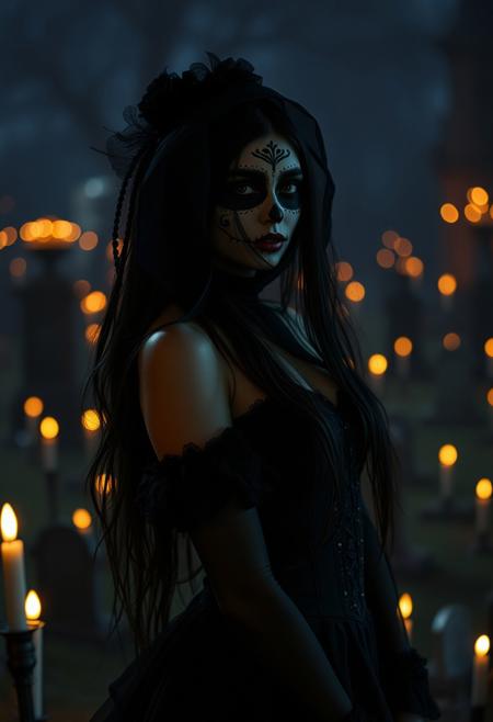 (masterpiece, best quality), score_9, score_8_up, score_7_up, masterpiece, 4k, Latina girl, alternative, long black hair, bedroom eyes, wide hips, black Victorian dress, dia de los muertos makeup, painted, black veil over face, in a cemetery at night, candles everywhere, dark background, vignette, dynamic lighting, dynamic shadows, bokeh, low light, depth of field, highly detailed, high contrast, film grain, Rim Lighting, disney pixar style
