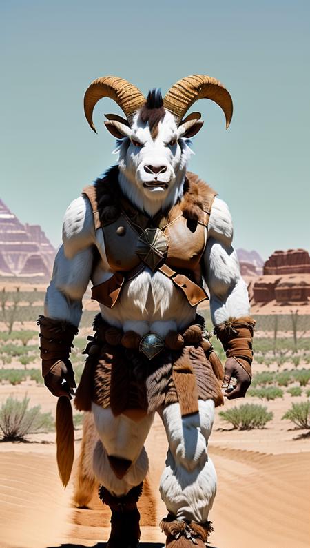 a detailed (full body) (from distance:1.2) photography of RamTrolloc with (short fur) cowprint body in a flat desert.  <lora:WoTMonRam:0.7>