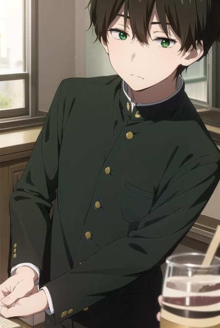 houtarouoreki, <lora:houtarou oreki s1-lora-nochekaiser:1>,
houtarou oreki, short hair, bangs, black hair, hair between eyes, (green eyes:1.5), male focus,
BREAK school uniform, gakuran,
BREAK indoors, classroom,
BREAK looking at viewer, (cowboy shot:1.5),
BREAK <lyco:GoodHands-beta2:1>, (masterpiece:1.2), best quality, high resolution, unity 8k wallpaper, (illustration:0.8), (beautiful detailed eyes:1.6), extremely detailed face, perfect lighting, extremely detailed CG, (perfect hands, perfect anatomy),