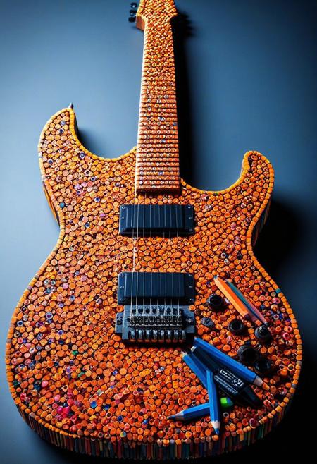 Pencil_morph_style, An epic photo of an electric guitar made of pencils, realistic, masterpiece, best quality, highly detailed, sharp focus, dynamic lighting,