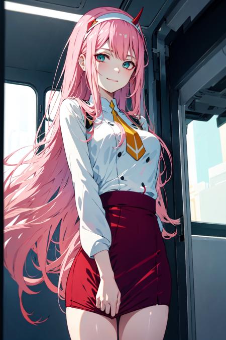 zerotwo, 1girl, solo, blush, rose blush, indoor, long hair, looking at viewer, smile, closed mouth, medium breasts, very long hair, green eyes, pink hair, hairband, horns, shiny, shiny hair, aqua eyes, straight hair, :p, white hairband, double-breasted, honey, masterpiece, realistic, anime, <lora:zerotwo:1>, <lora:skirt_tug_v0.1:1.0>, clothes tug, office lady, pencil skirt, skirt tug, miniskirt, skirt lift, bus interior, crowd, best quality, highly detailed