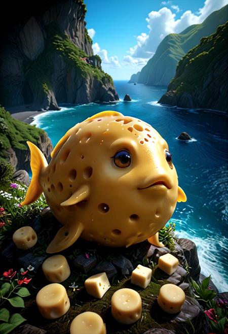 A stunning 3D render of a scenic coastal cliff, under a lively atmosphere with vibrant weather, featuring an enchanting feel. In the foreground, an obscenely bright yellow blobfish made of cheese with heterochromia, intricately detailed, showcasing textures and lighting that enhance its surreal appearance, masterpiece by high-quality 3D artists, 8k resolution.
volumetric, dramatic lighting, best quality,  masterpiece, fantasy, beautiful, painterly, detailed, textural, artistic, aesthetic, intricate details, highly detailed, ultra-detailed, absurdres, unreal engine, octane rendering, high saturation, high contrast, vivid, vibrant, volumetric lighting, sharp focus, 
aid291, midjourneyv6.1, 
Cheese style
