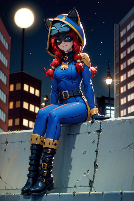 jessieBS_catburglar, 1girl, red hair, low twintails, hood animal, cat ears, mask, domino mask, collar, blue bodysuit, black gloves, belt, cat tail, black boots