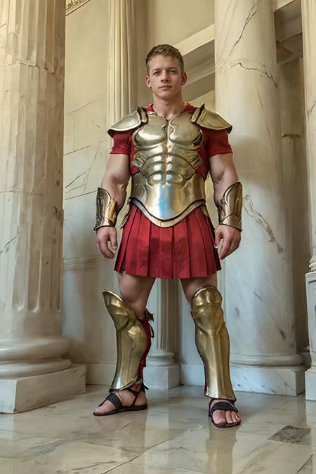 Greek temple, marble columns, male, ZacDeHaan is a hoplite, wearing h0pl1t3, armor,  (((full body portrait))), wide angle <lora:ZacDeHaan:0.8>  <lora:h0pl1t3:0.7>