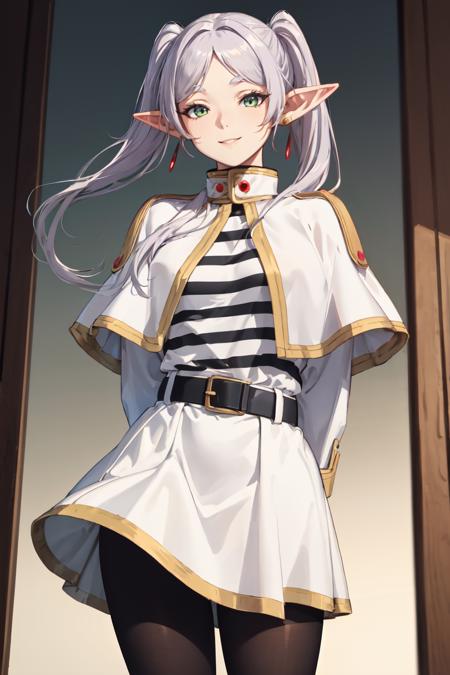 masterpiece, best quality, absurdres, perfect anatomy, FrierenBase, twintails, earrings, white capelet, striped shirt, white skirt, long sleeves, belt, black pantyhose, arms behind back, smile, <lora:Frieren:1>