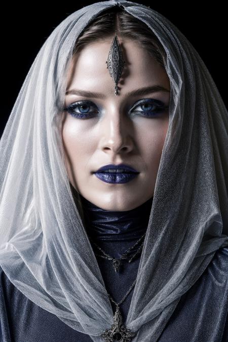 Fashionable portrait of androgynous alien looking witch wearing veil, glowing eyes, futuristic design, minimal details, givenchy, photoreal, 200mm, hd, f/ 2.0, highly detailed, surreal , drop dead, in the style of red and blue, (intricate details, hyperdetailed:1.15) (skin texture:1.2) <lora:Ali_Larter_512x768:0.85>