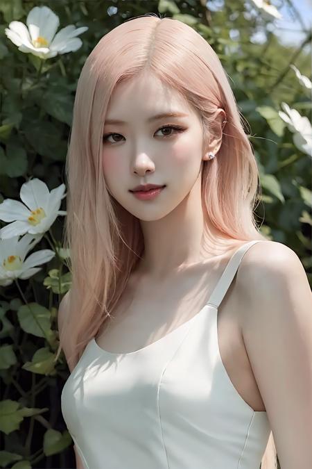 (masterpiece), a stunning photograph of young gorgeous woman, half body crop, 8k, raw photo, looking at viewer, (highly detailed skin:1.2), medium breasts, slim body,(photorealistic:1.4), white long dress, wild flowers field, solo, jewelry, earrings, light pink hair, (looking at viewer), long hair, brown eyes, portrait, realistic, smile, makeup, forest in background