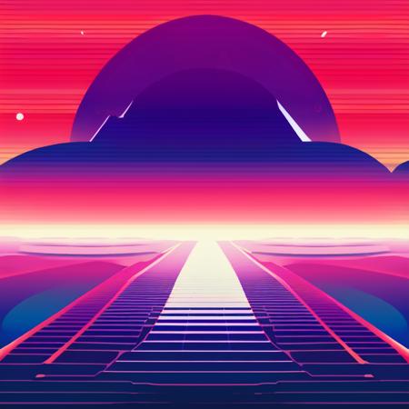 (retrohorizon style:1) an image of a futuristic landscape with mountains in the background <lora:djzRetroHorizonV21_LoraBooth:1>