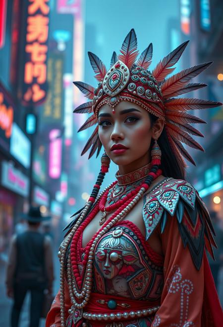 masterpiece, perfect anatomy, 32k UHD resolution, best quality, realistic photo, professional photography, highly details, depth of filed, (woman:1.3), clean eyes, futurism, (Mayan-inspired priestess costume with intricate patterns, feathers, and ceremonial elements), Pixel Plaza Paradise, Plazas adorned with pixel art designs, forming a colorful and lively urban paradise, Tranquil Tech Tapestry, Weaving a tranquil tapestry with threads of futuristic technology, cowboy shot, cinematic angle, dramatic lights