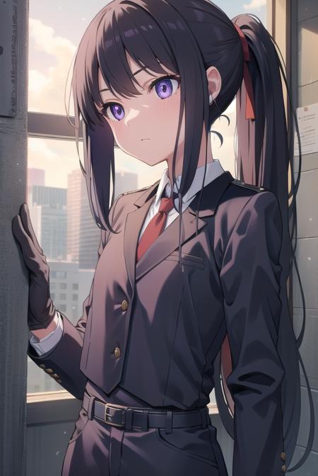 takinainoue, <lora:takinainoue:1>, inoue takina, long hair, bangs, black hair, (purple eyes:1.2), (small breast:1.2), BREAK gloves, long sleeves, jacket, ponytail, necktie, black gloves, collared shirt, belt, pants, vest, black jacket, black pants, formal, suit, red necktie, headset, black suit, earpiece,, BREAK outdoors, city, BREAK <lora:GoodHands-vanilla:1>, (masterpiece:1.2), best quality, high resolution, unity 8k wallpaper, (illustration:0.8), (beautiful detailed eyes:1.6), extremely detailed face, perfect lighting, extremely detailed CG, (perfect hands, perfect anatomy),