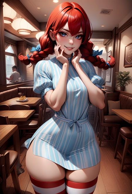 cowboy shot, solo, 1girl, ffwendys, smirk, looking at viewer, hands on own cheeks, twin braids, striped dress, striped sleeves, puffy sleeves, striped thighhighs, indoors, restaurant, masterpiece, best quality, rating: general, newest <lora:fastfood_wendys_xl-000004:1>