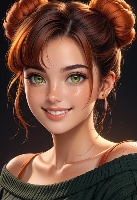 A solo portrait of a cute, smiling young woman (19 years old) with brown hair styled in a single bun, looking directly at the viewer, cleavage, busty, She has a warm grin, showing her teeth, with delicate freckles across her cheeks. Wearing an off-shoulder top that highlights her collarbone and cleavage. Her green eyes and natural lips add to an old-fashioned model's charm, styled as a cinematic fashion magazine shot. The background is a dark gradient blending from red to orange. Ultra-detailed, digital painting, upper body, in 8K UHD resolution, highly detailed skin texture with visible pores and glossy eyes. Studio lighting with soft red and orange hues