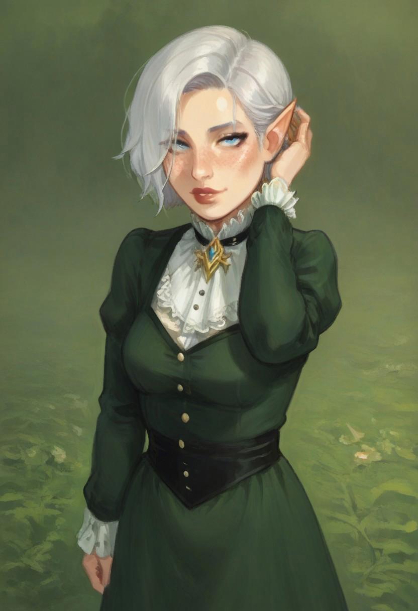 score_9, score_8_up, score_7_up, score_6_up, score_5_up, 1girl, solo, Expressiveh, dreadlord, fit feminine body, white hair, choppy bob cut, short hair length, white skin, pale skin, pale blue eyes, (dark elf tattoos:1.2), pointy ears, short ears, sharp nail, verybadimagenegative_v1.3 , Hand, detailed, perfect, perfection, hands, looking at viewer, blushing, red faced, deep blush, aroused, grinning, freckles, perfect breasts, perfect ass, voluptuous, solo woman, ((love to see viewer)), 2D, skindentation, pleasure, black lipstick, wearing a moss green (victorian gown) ,victorian dress, bustle dress, victorian style dress, long moss green gown, elaborate dress, moss green victorian gown, formal gown, moss green and black corset, cleavage,  <lora:victorian_dress-XL-2.0:1> , looking at viewer, cowboy shot, seductive pose, fully clothed, crossed arms, facing viewer, gown up to shoulder, impressionist painting color, warm colors, wheatfield background, happy, tucking hair, tucking hair, hand up, hair tucking, hand in hair, adjusting hair, <lora:tuckinghair_Pony_v1:0.8>
 <lora:Dark_Elf_Dreadlord_PonyXL_Total_War_Warhammer:0.7>