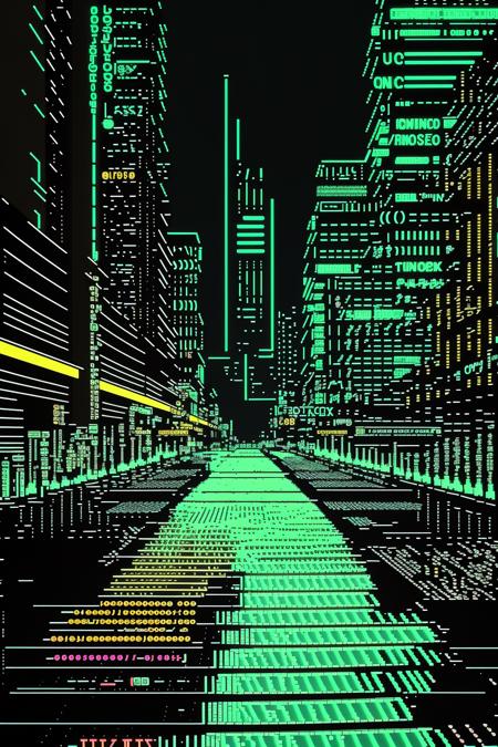 A futuristic street scene in a bustling cyberpunk city, towering holographic advertisements and neon signs illuminating the rain-soaked pavement, captured in a gritty and dynamic shot that immerses the viewer in the urban dystopia. , ascii_art , ascii art,